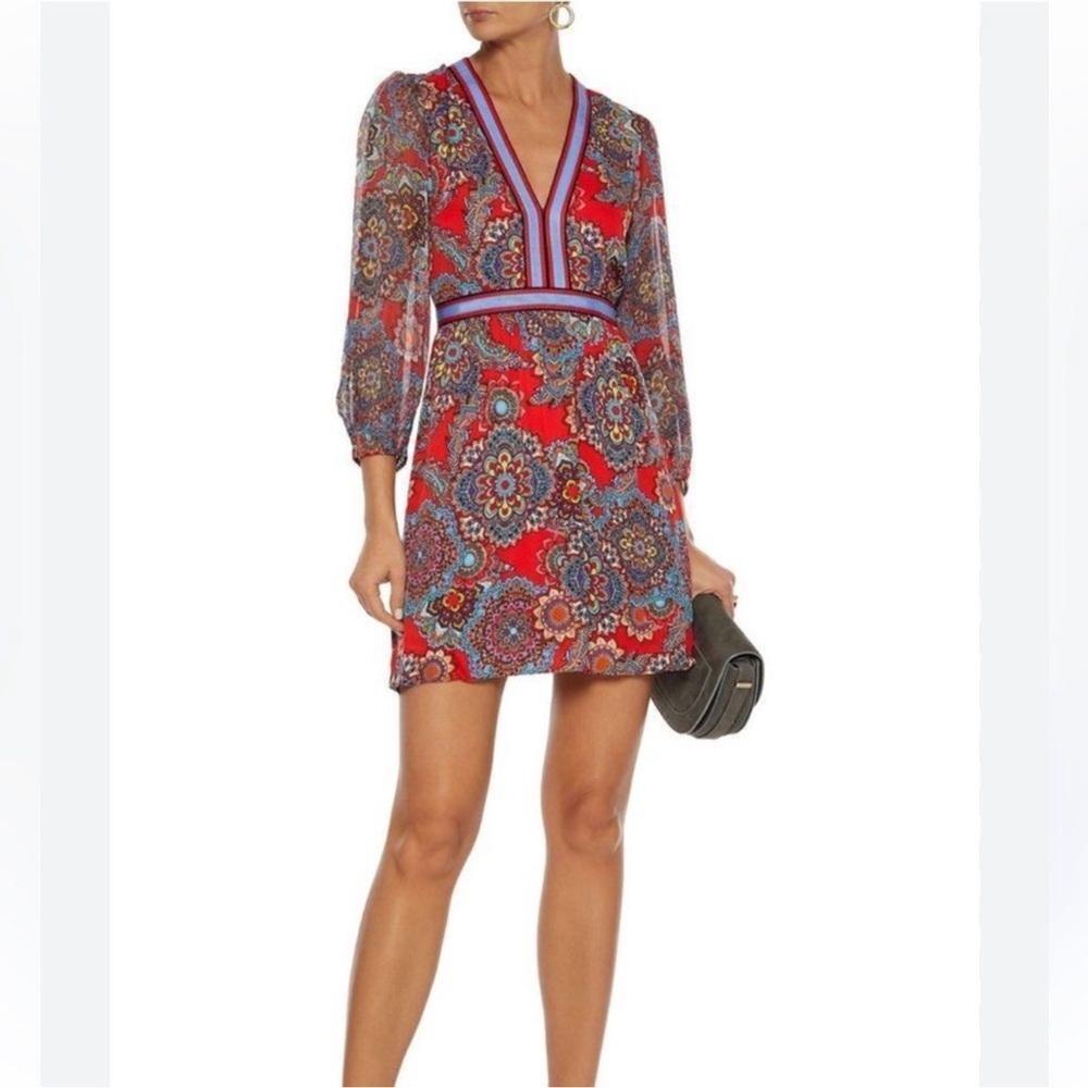 Nwt Alice + Olivia Jaida Deep V-Neck Blouson A-Line Boho Mini Dress